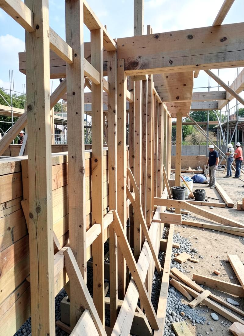 Estrutura de madeira em canteiro de obras