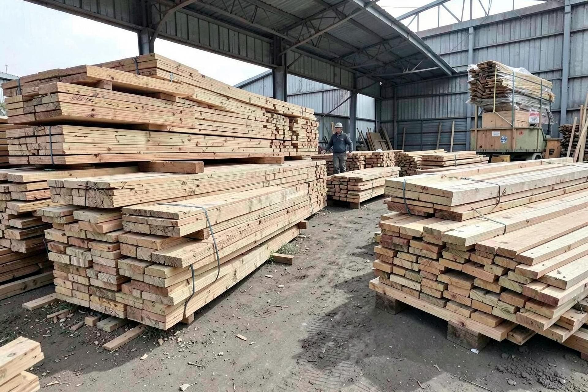 Pátio de madeireira com pilhas de tábuas de madeira serrada